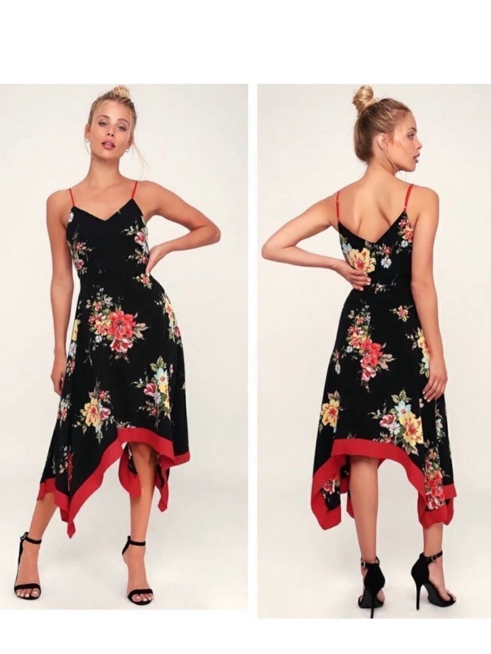 Lulu's Black Floral High-Low Dress with Red Trim